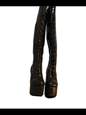 Tall Black Lace-Up Platform Knee-High Boots